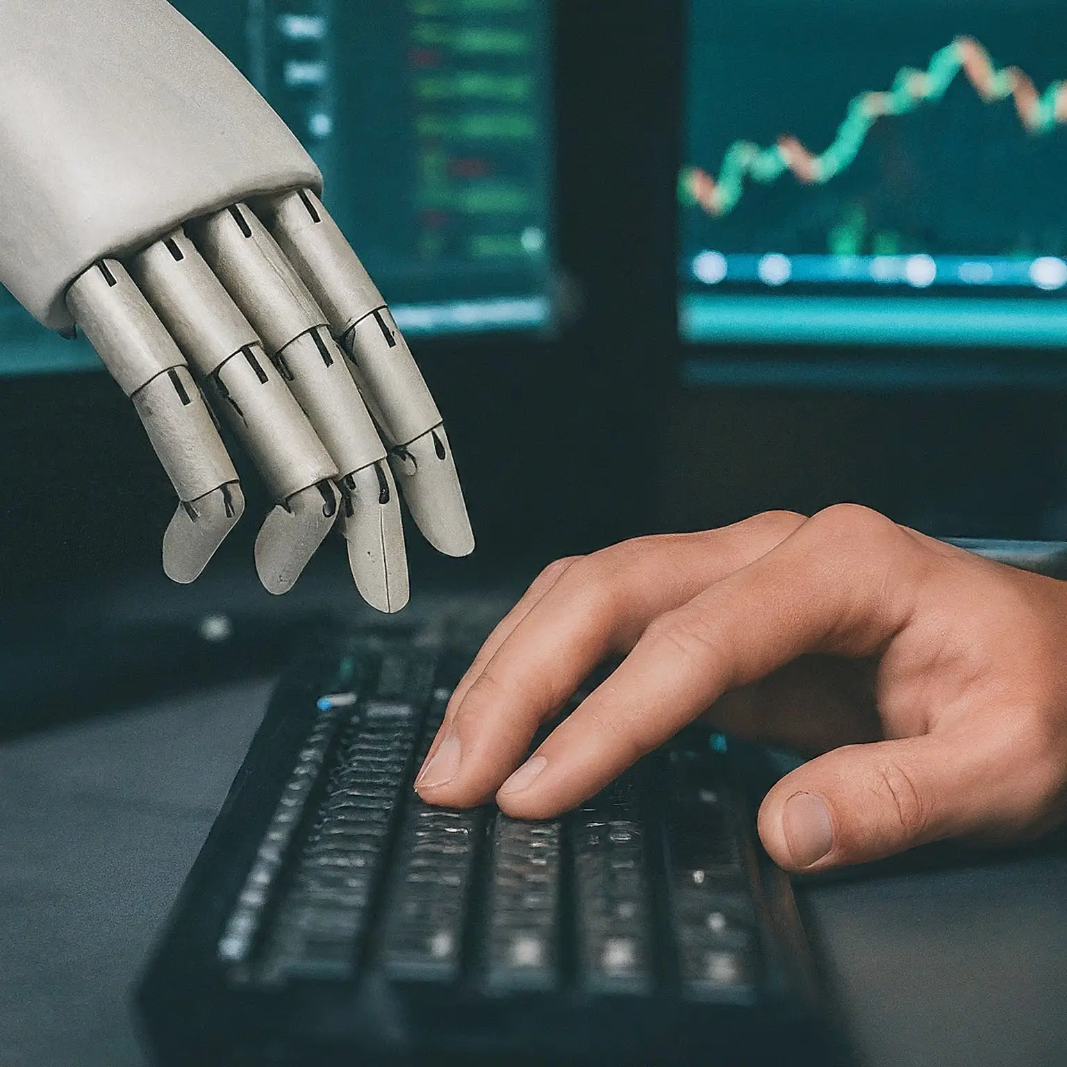 A robot hand hovering over a keyboard, typing code on a computer screen. The screen displays a trading platform with charts and data.