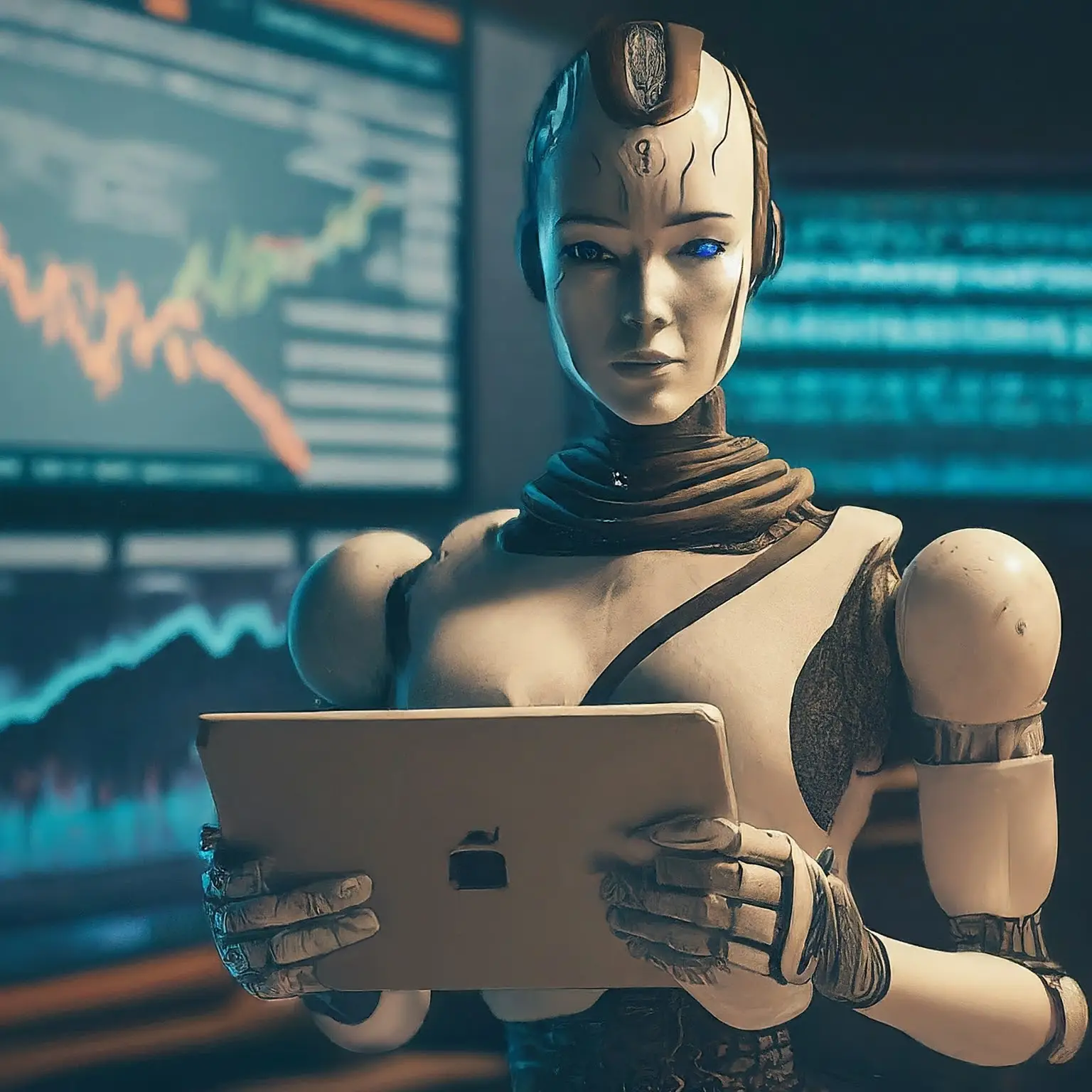 A robot with a human-like face, holding a tablet with a chart of stock prices. The robot is standing in front of a large computer screen with a complex algorithm displayed on it.