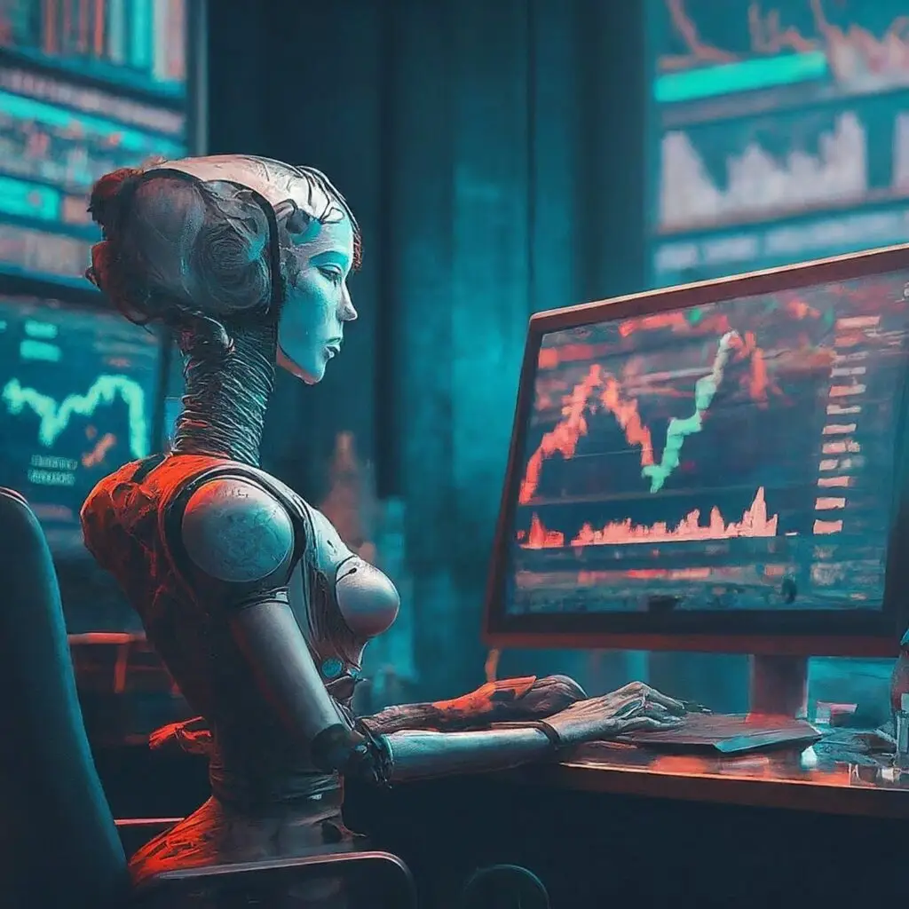 A robot trading on a computer with a futuristic background and financial charts of various markets.