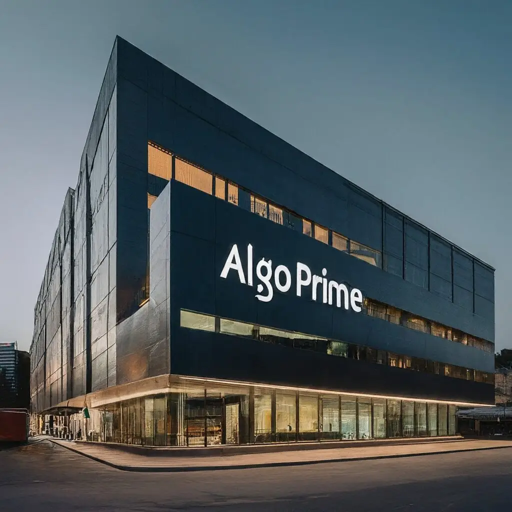 A futuristic IT building with sleek lines and a metallic exterior, featuring the name board "AlgoPrime" illuminated in neon lights against a backdrop of a bustling cityscape.