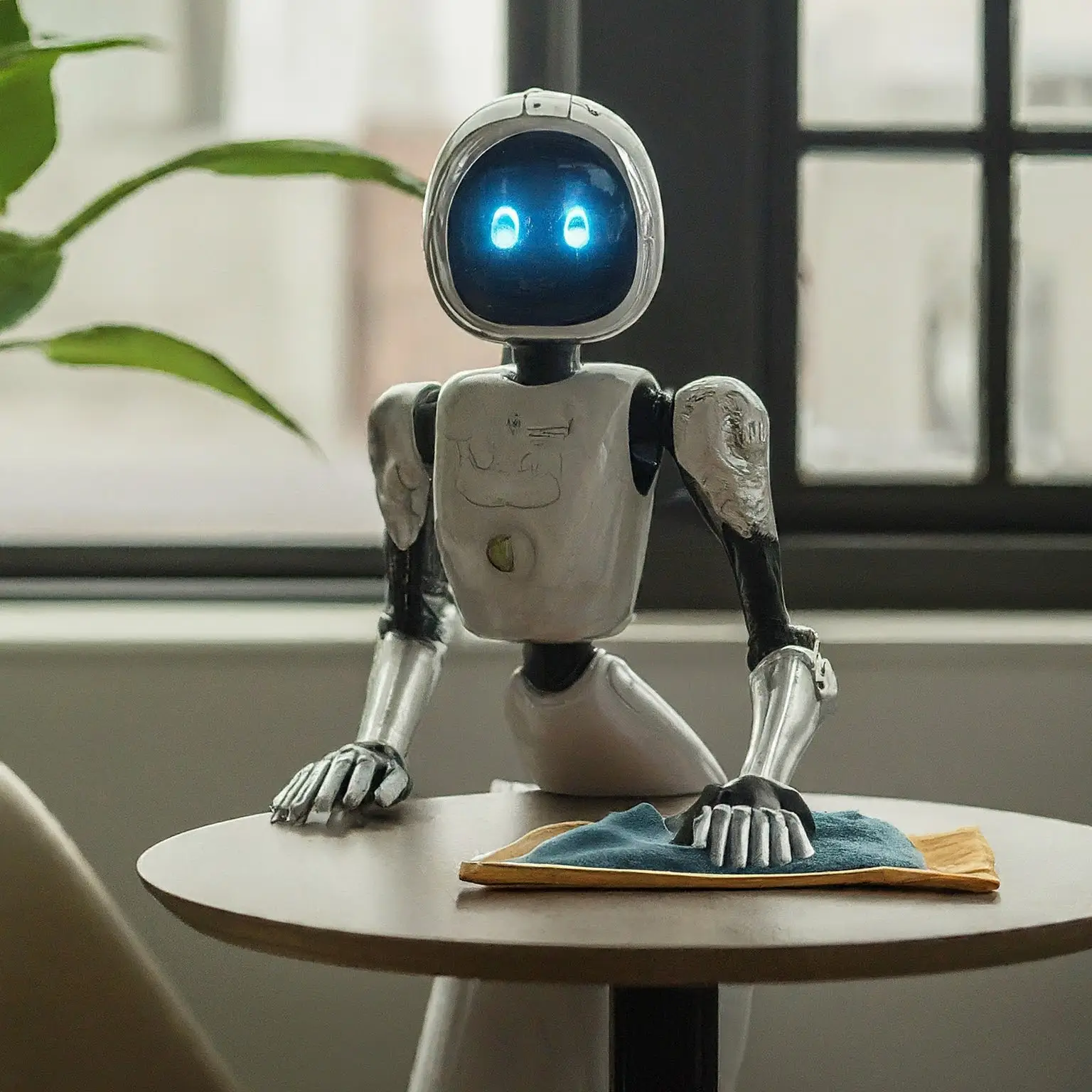 A small, round robot vacuuming a carpeted floor.